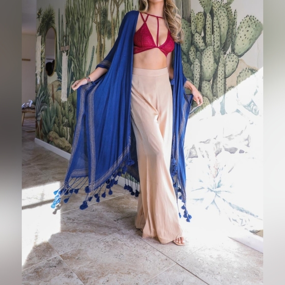 #551 🛑OS NEW! CHIC BOHO OPEN FRONT Longline Tassel Border Kimono - Picture 3 of 5